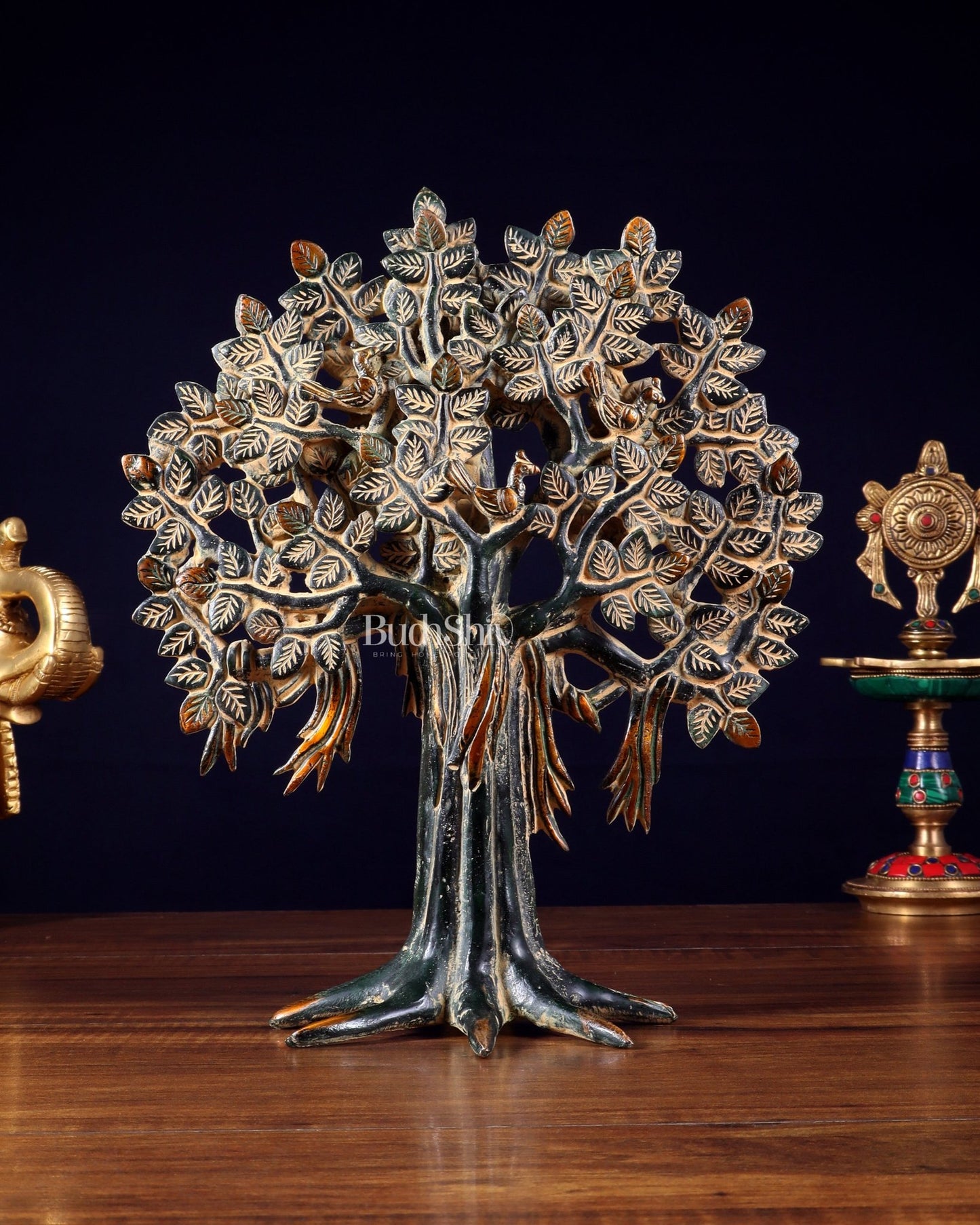 Pure Brass Handcrafted Kalpavriksha Tree - Table Standing - 11" vintage green sand patina - Budhshiv.com