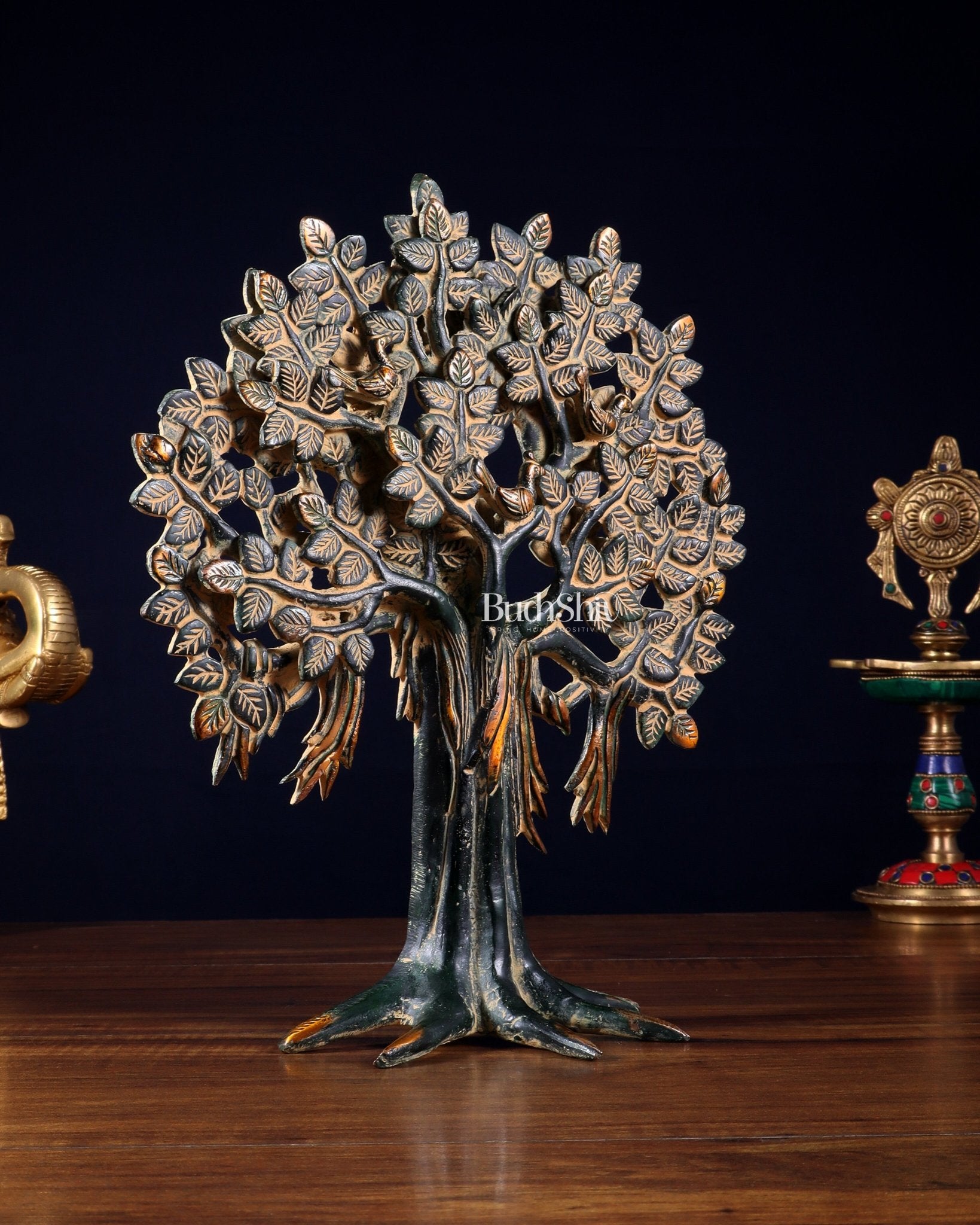 Pure Brass Handcrafted Kalpavriksha Tree - Table Standing - 11" vintage green sand patina - Budhshiv.com