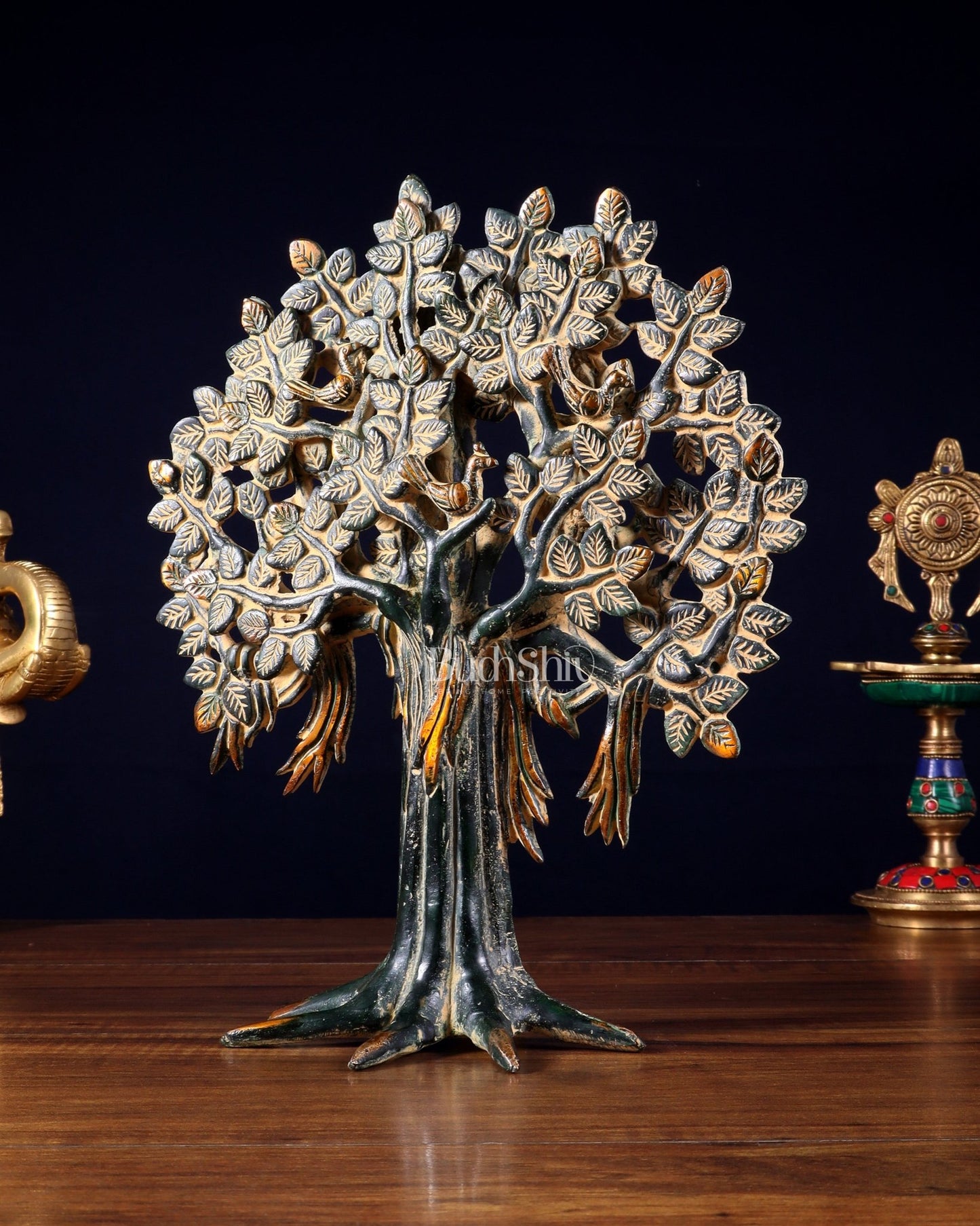 Pure Brass Handcrafted Kalpavriksha Tree - Table Standing - 11" vintage green sand patina - Budhshiv.com