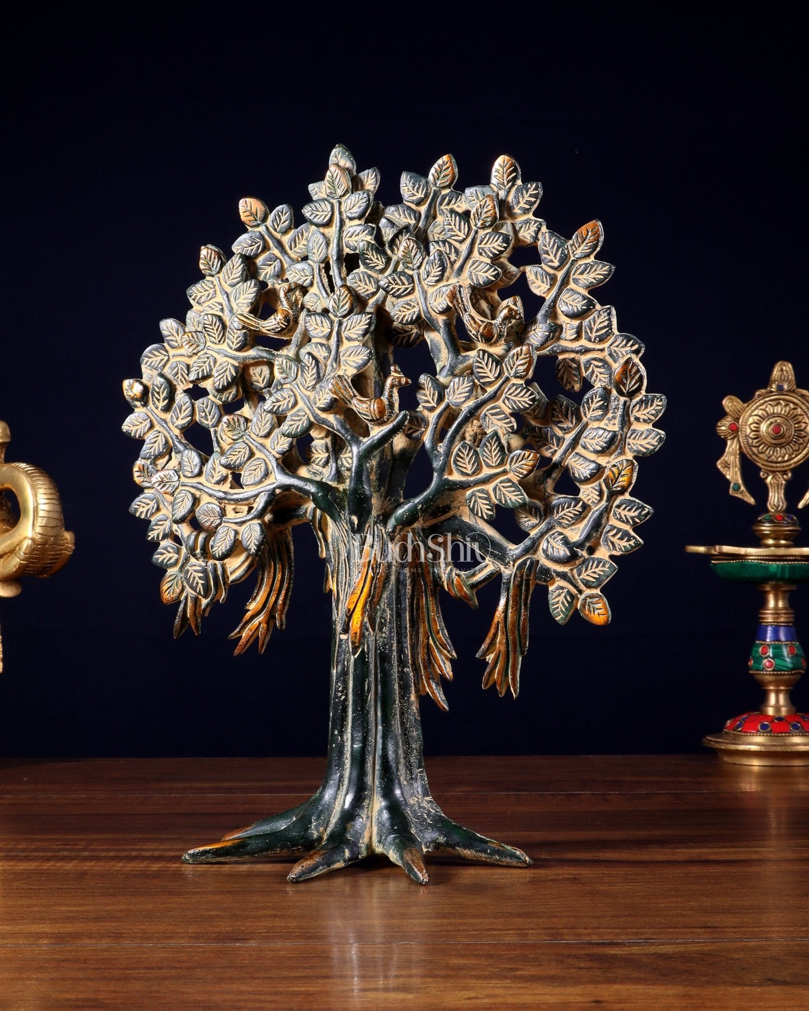 Pure Brass Handcrafted Kalpavriksha Tree - Table Standing - 11" vintage green sand patina - Budhshiv.com