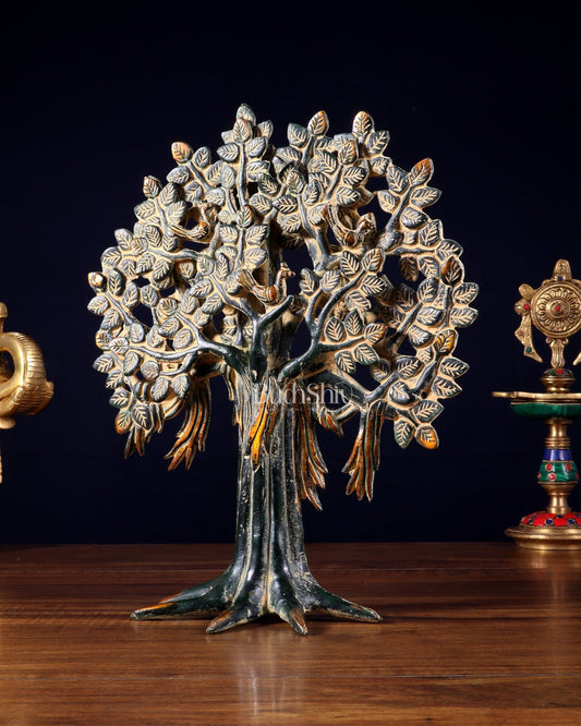 Pure Brass Handcrafted Kalpavriksha Tree - Table Standing - 11" vintage green sand patina - Budhshiv.com