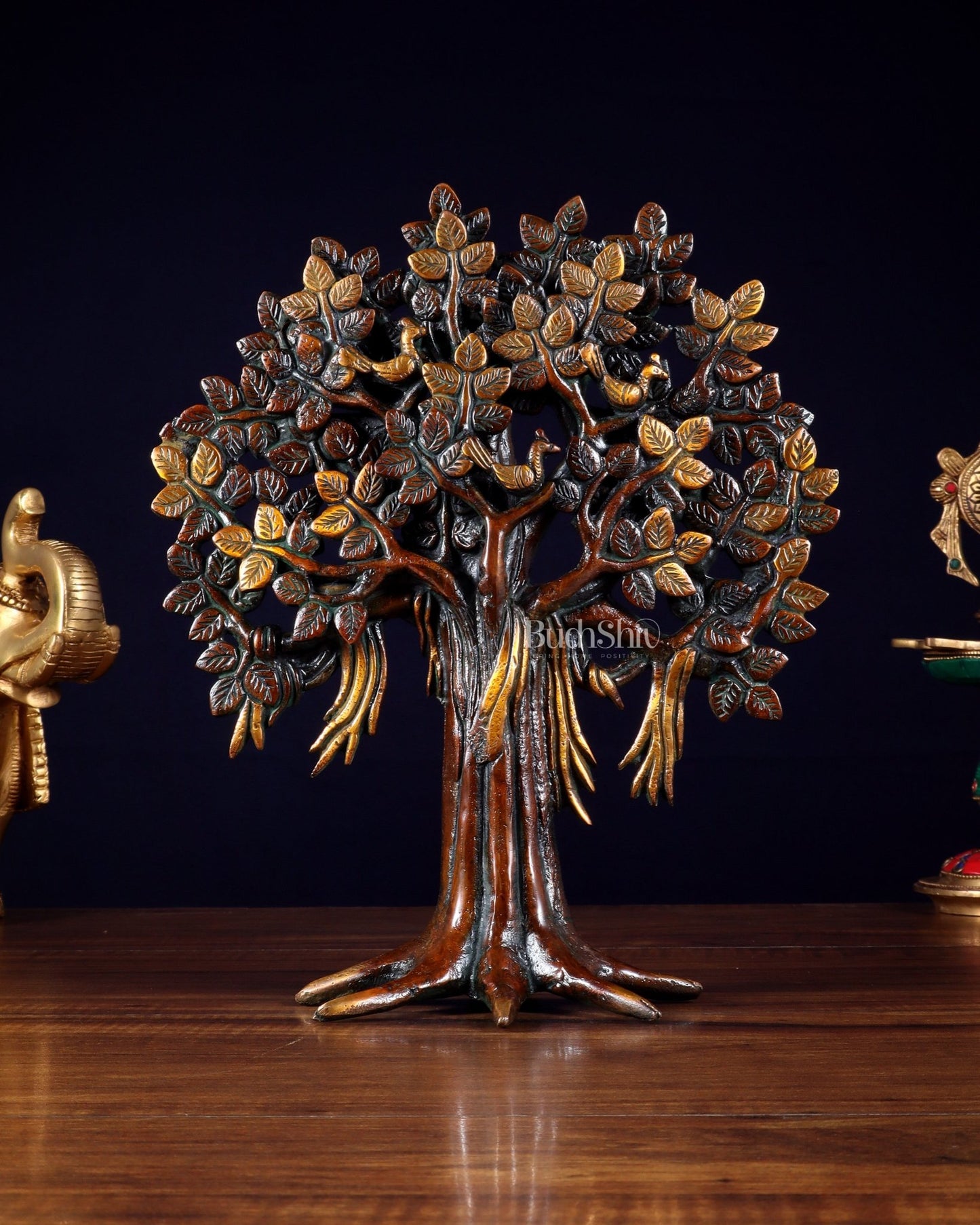 Pure Brass Handcrafted Kalpavriksha Tree - Table Standing - 11" vintage - Budhshiv.com