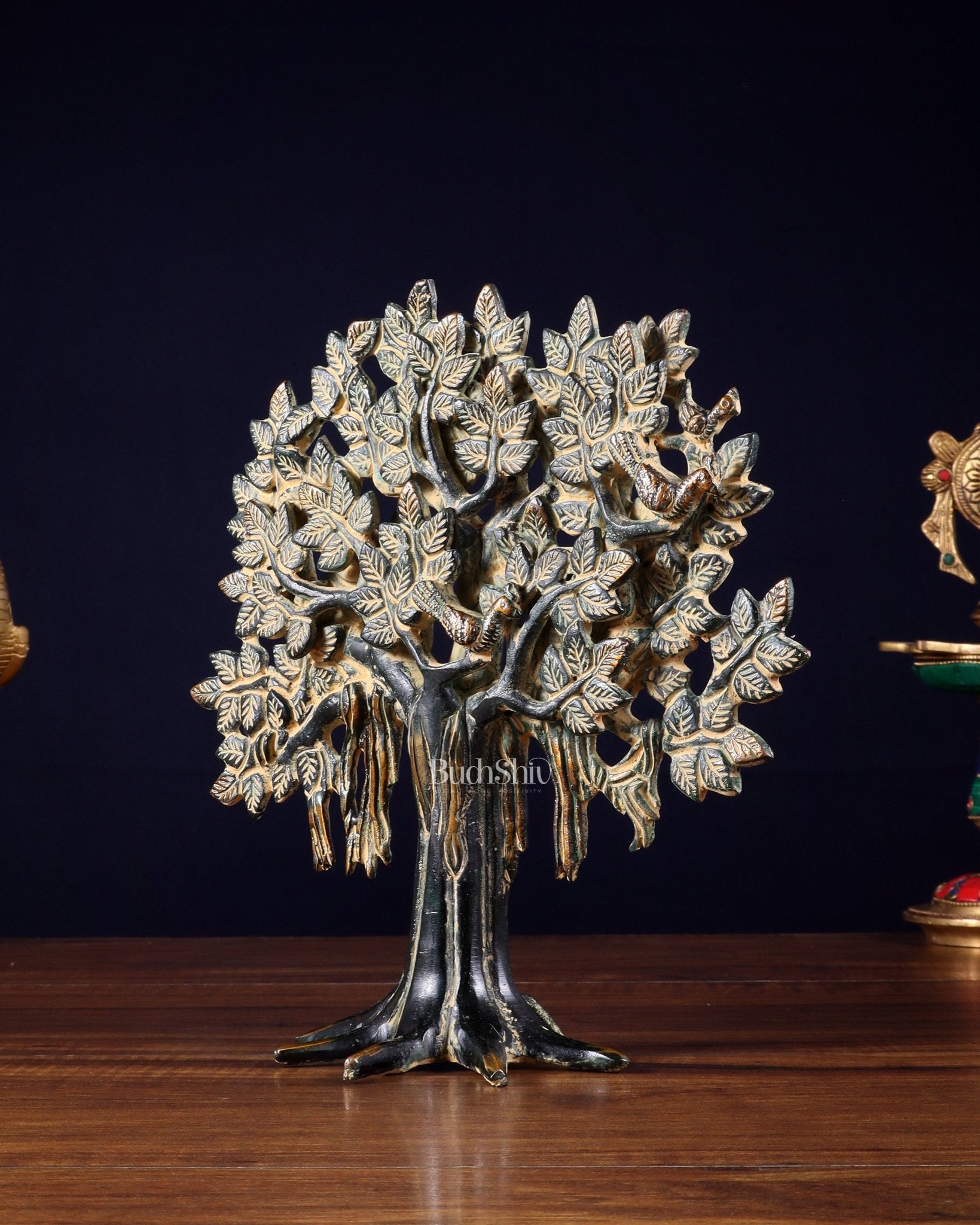 Pure Brass Handcrafted Kalpavriksha Tree - Table Standing 9" sand finish - Budhshiv.com