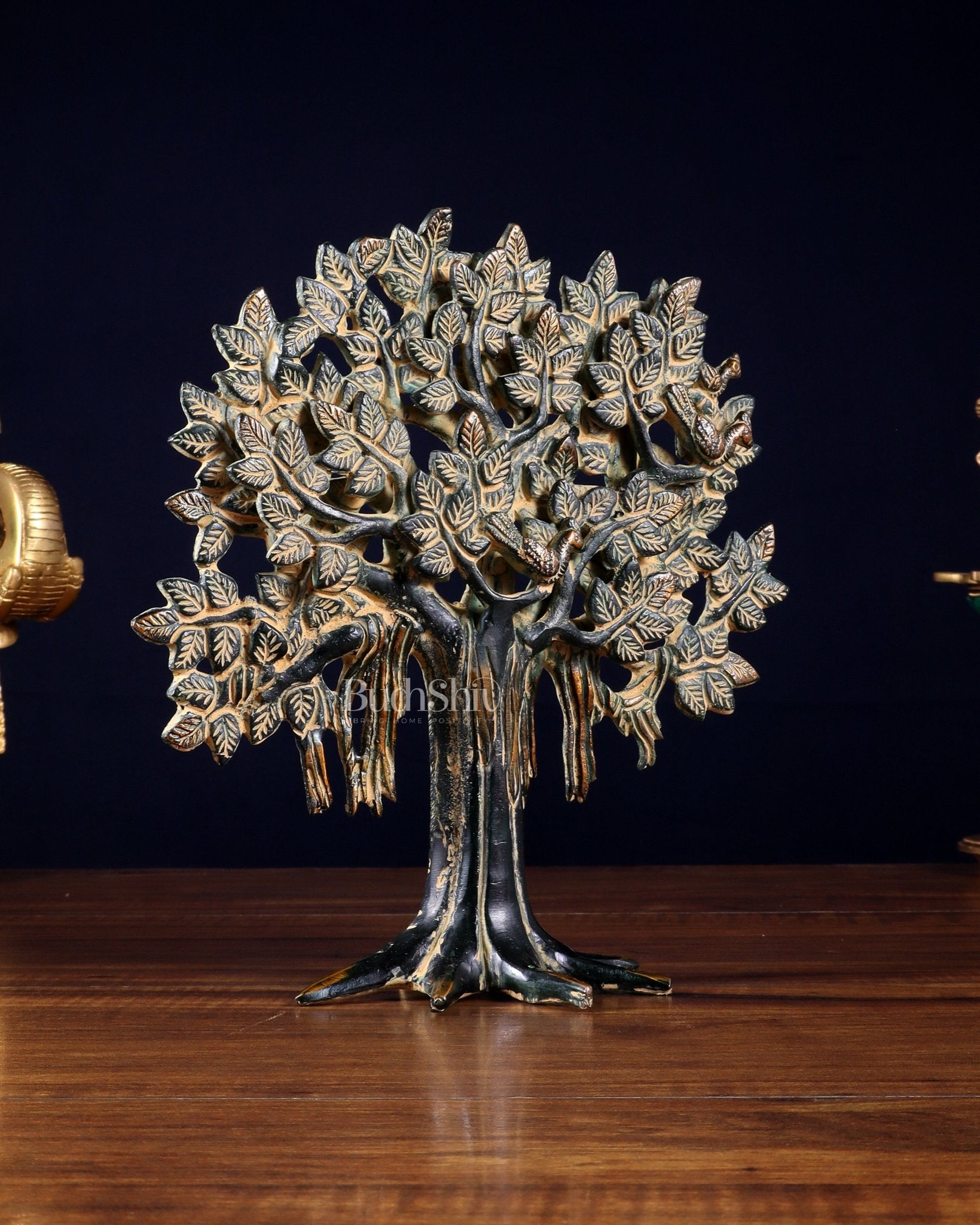 Pure Brass Handcrafted Kalpavriksha Tree - Table Standing 9" sand finish - Budhshiv.com