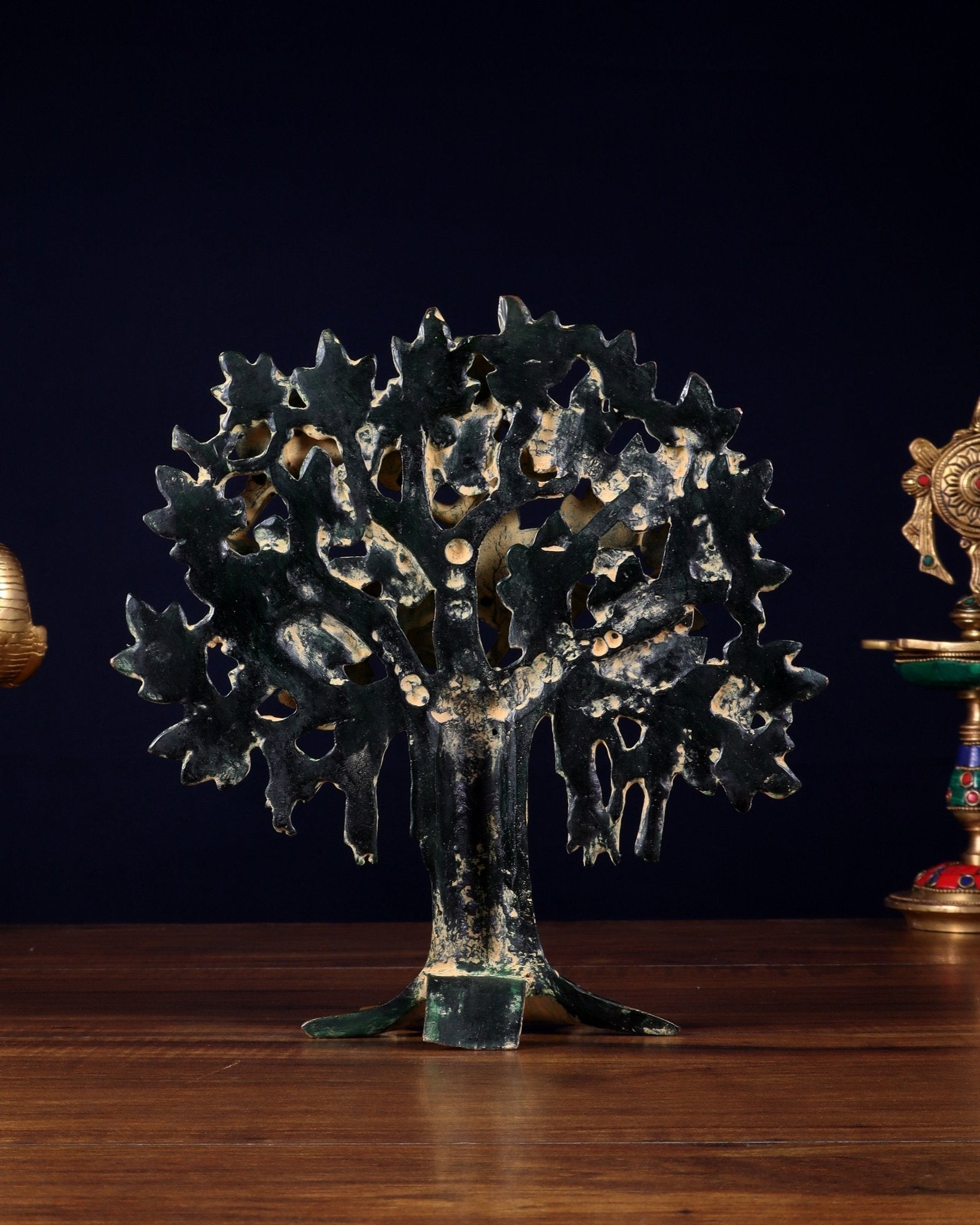 Pure Brass Handcrafted Kalpavriksha Tree - Table Standing 9" sand finish - Budhshiv.com