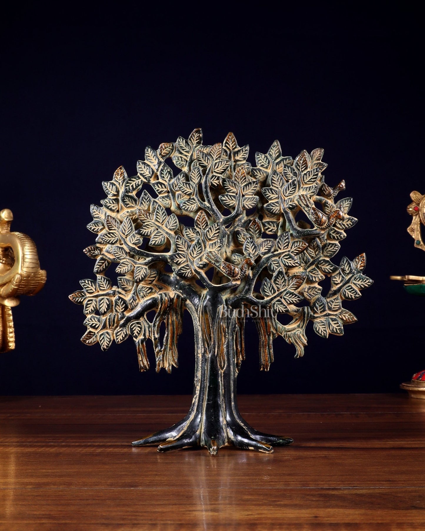 Pure Brass Handcrafted Kalpavriksha Tree - Table Standing 9" sand finish - Budhshiv.com