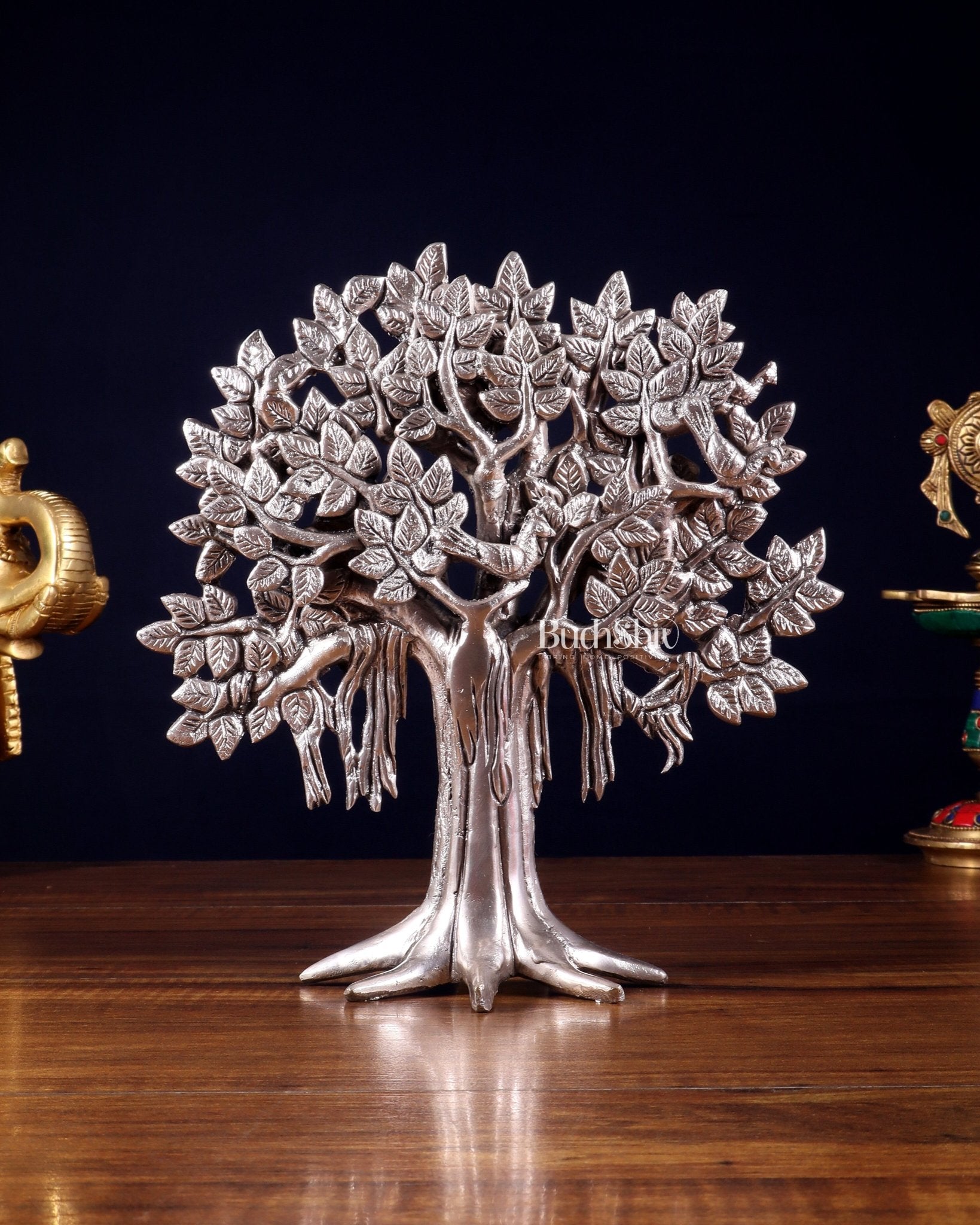 Pure Brass Handcrafted Kalpavriksha Tree - Table Standing 9" silver plated - Budhshiv.com