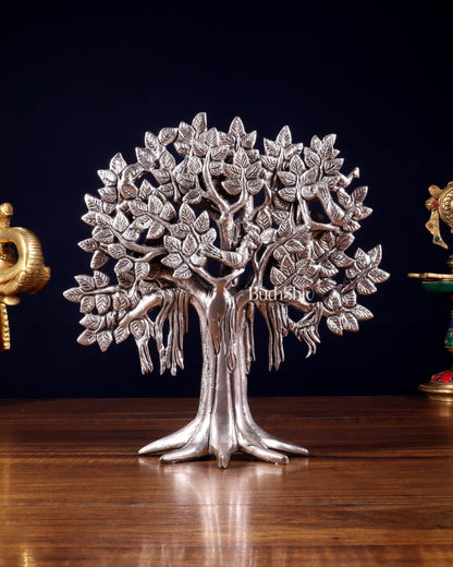 Pure Brass Handcrafted Kalpavriksha Tree - Table Standing 9" silver plated - Budhshiv.com