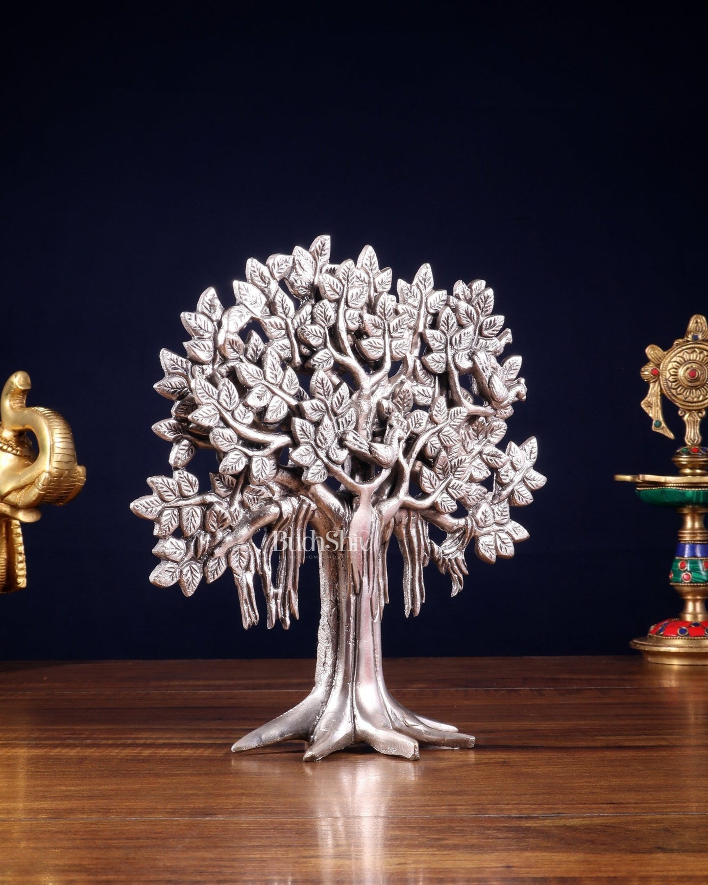 Pure Brass Handcrafted Kalpavriksha Tree - Table Standing 9" silver plated - Budhshiv.com
