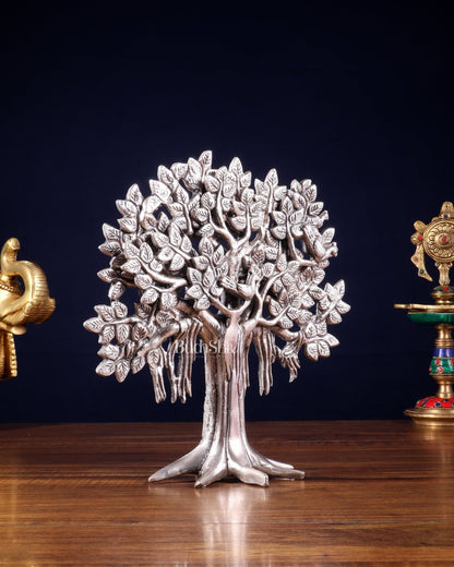 Pure Brass Handcrafted Kalpavriksha Tree - Table Standing 9" silver plated - Budhshiv.com