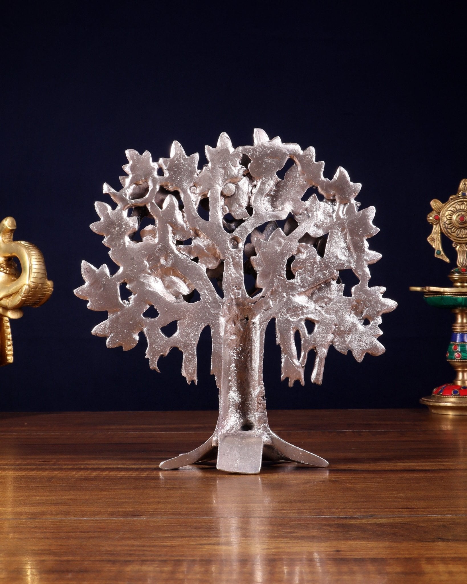 Pure Brass Handcrafted Kalpavriksha Tree - Table Standing 9" silver plated - Budhshiv.com