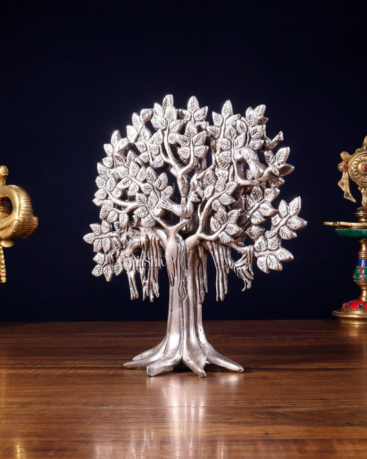 Pure Brass Handcrafted Kalpavriksha Tree - Table Standing 9" silver plated - Budhshiv.com
