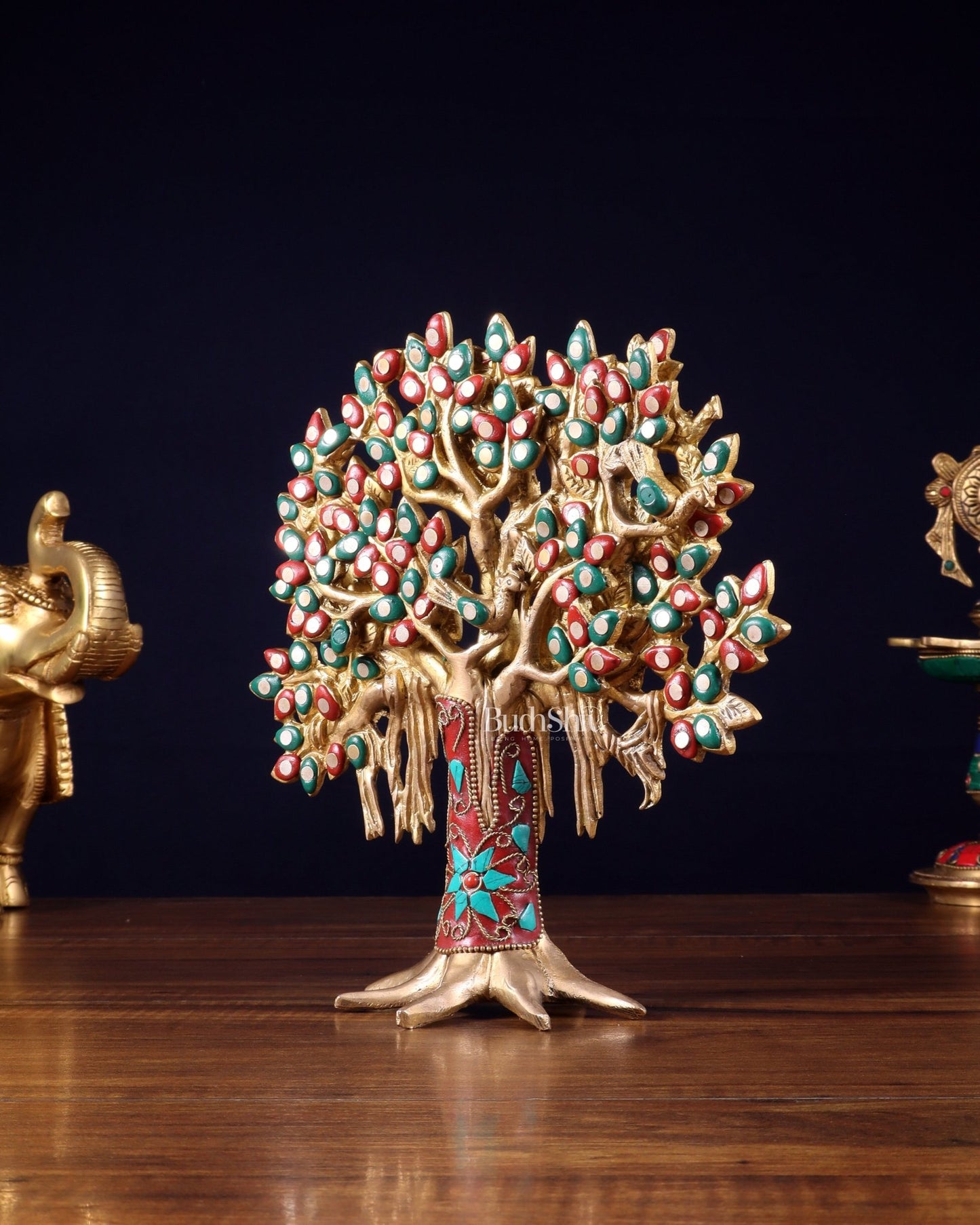 Pure Brass Handcrafted Kalpavriksha Tree - Table Standing 9" stonework - Budhshiv.com