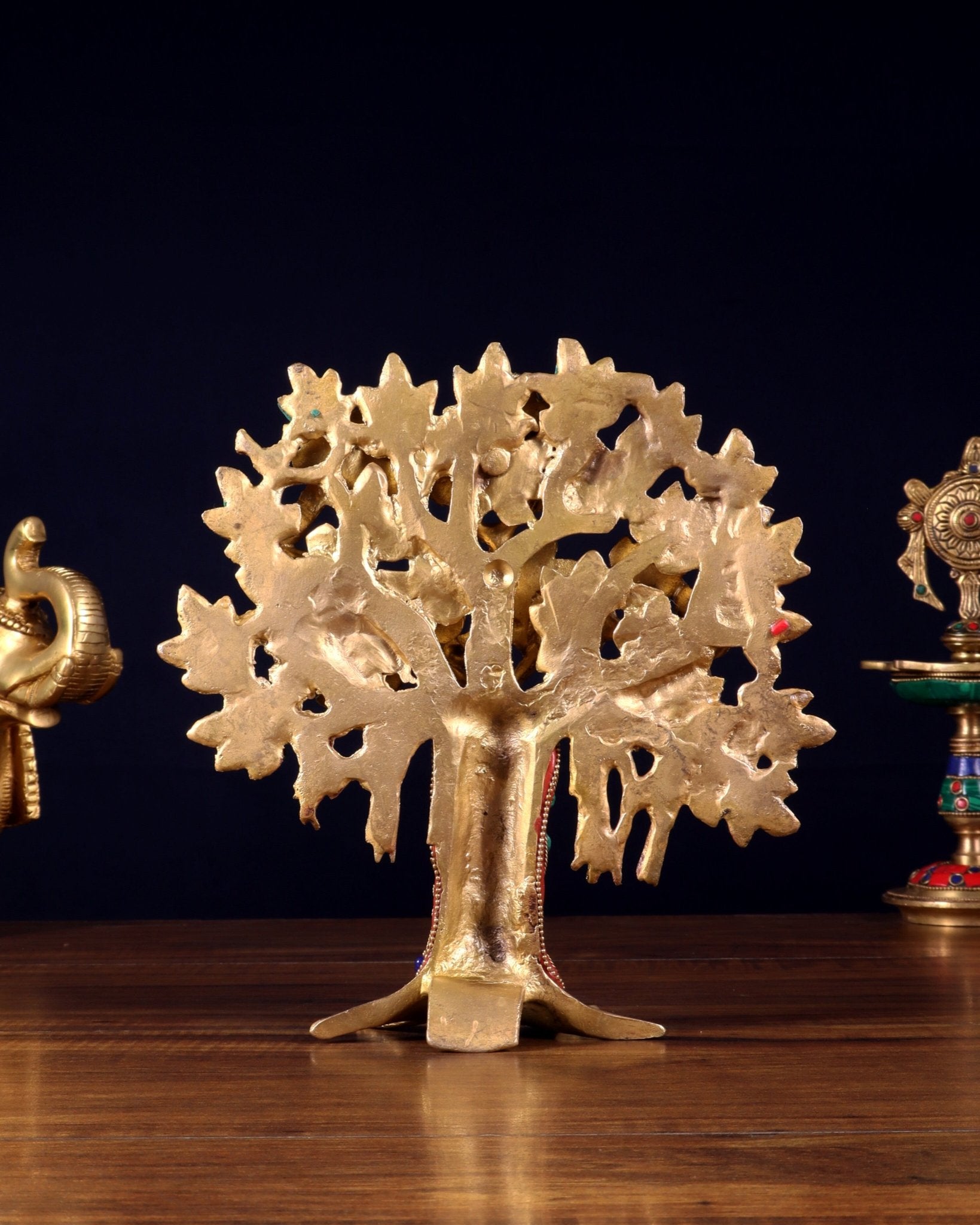 Pure Brass Handcrafted Kalpavriksha Tree - Table Standing 9" stonework - Budhshiv.com