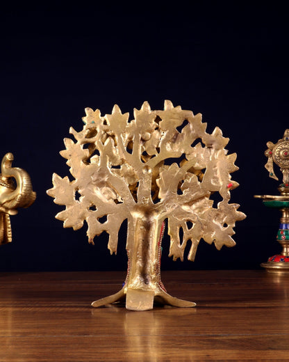 Pure Brass Handcrafted Kalpavriksha Tree - Table Standing 9" stonework - Budhshiv.com
