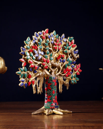 Pure Brass Handcrafted Kalpavriksha Tree - Table Standing 9" stonework - Budhshiv.com