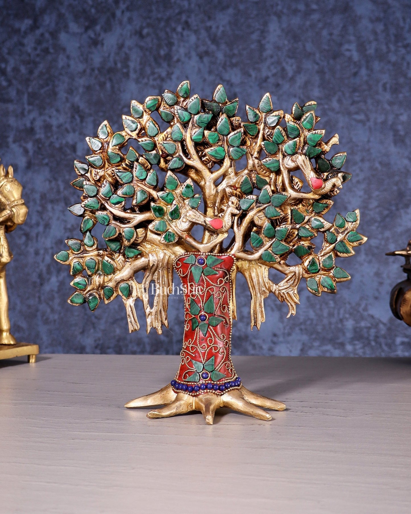 Pure Brass Handcrafted Kalpavriksha Tree - Table Standing 9" stonework - Budhshiv.com
