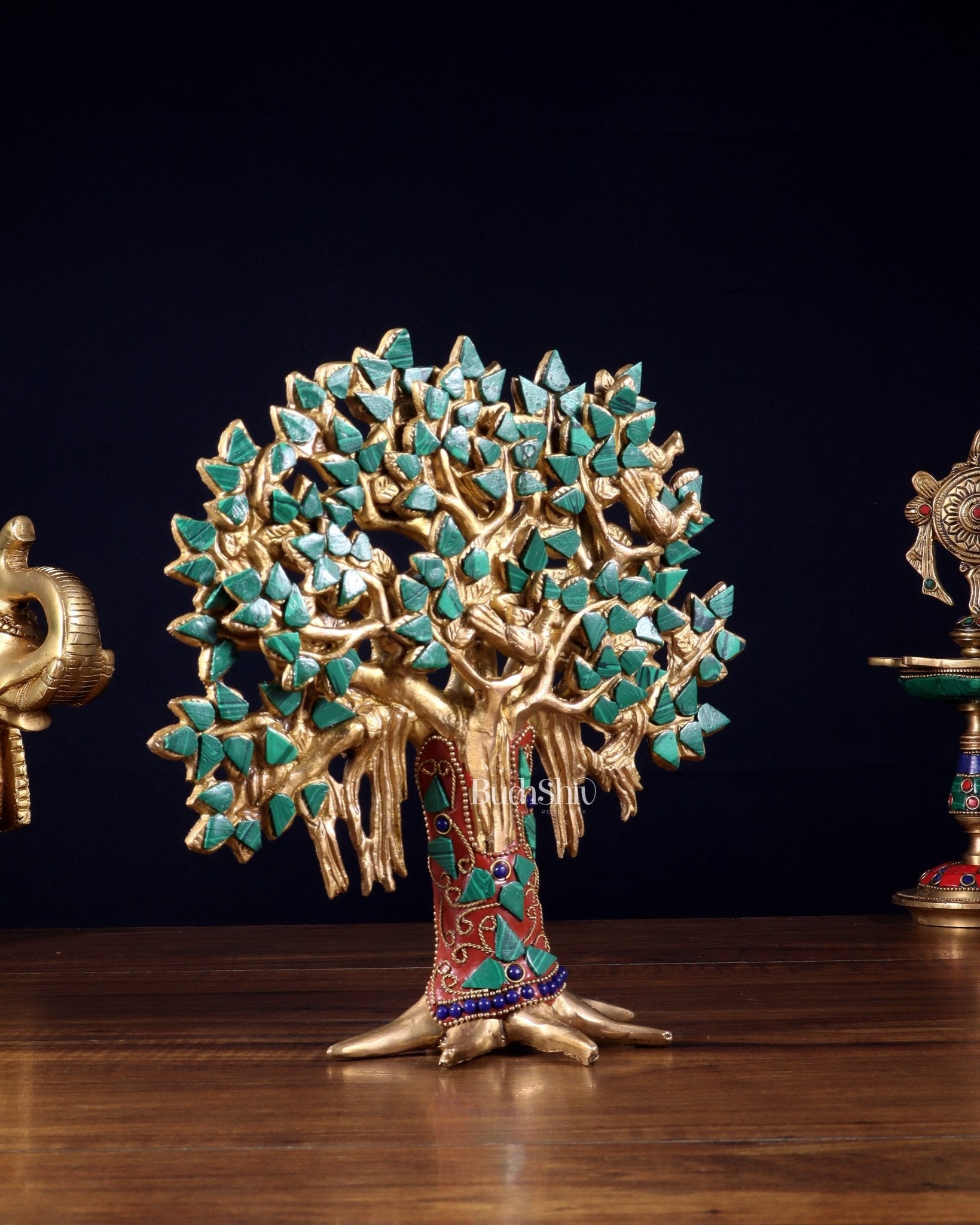 Pure Brass Handcrafted Kalpavriksha Tree - Table Standing 9" stonework - Budhshiv.com