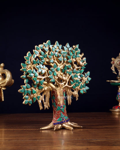 Pure Brass Handcrafted Kalpavriksha Tree - Table Standing 9" stonework - Budhshiv.com