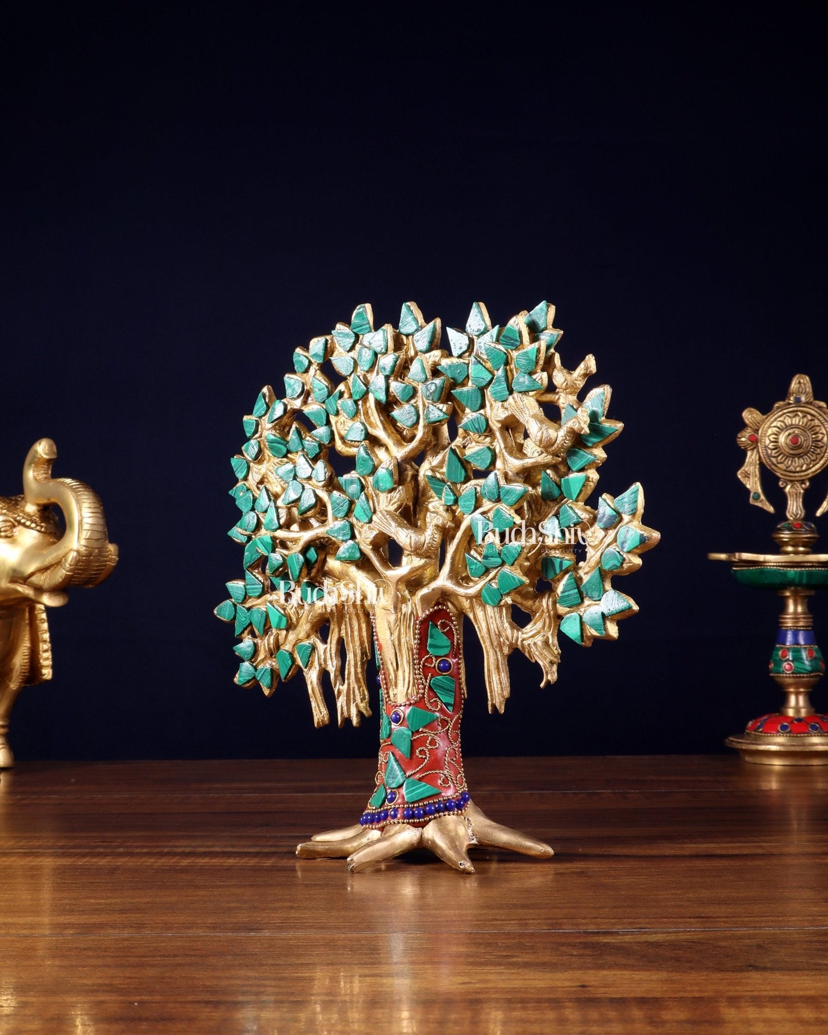 Pure Brass Handcrafted Kalpavriksha Tree - Table Standing 9" stonework - Budhshiv.com