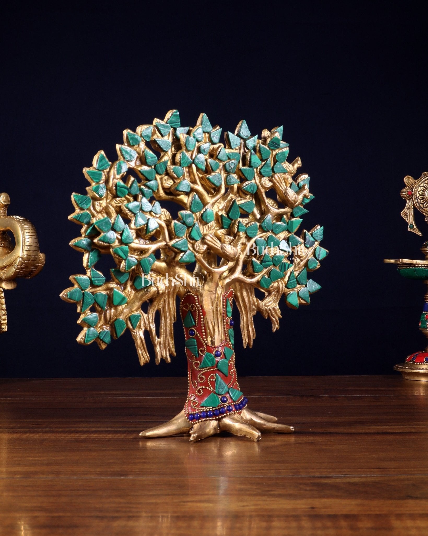 Pure Brass Handcrafted Kalpavriksha Tree - Table Standing 9" stonework - Budhshiv.com