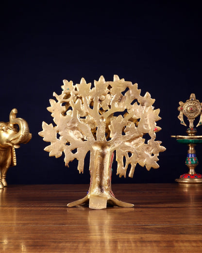 Pure Brass Handcrafted Kalpavriksha Tree - Table Standing 9" stonework - Budhshiv.com