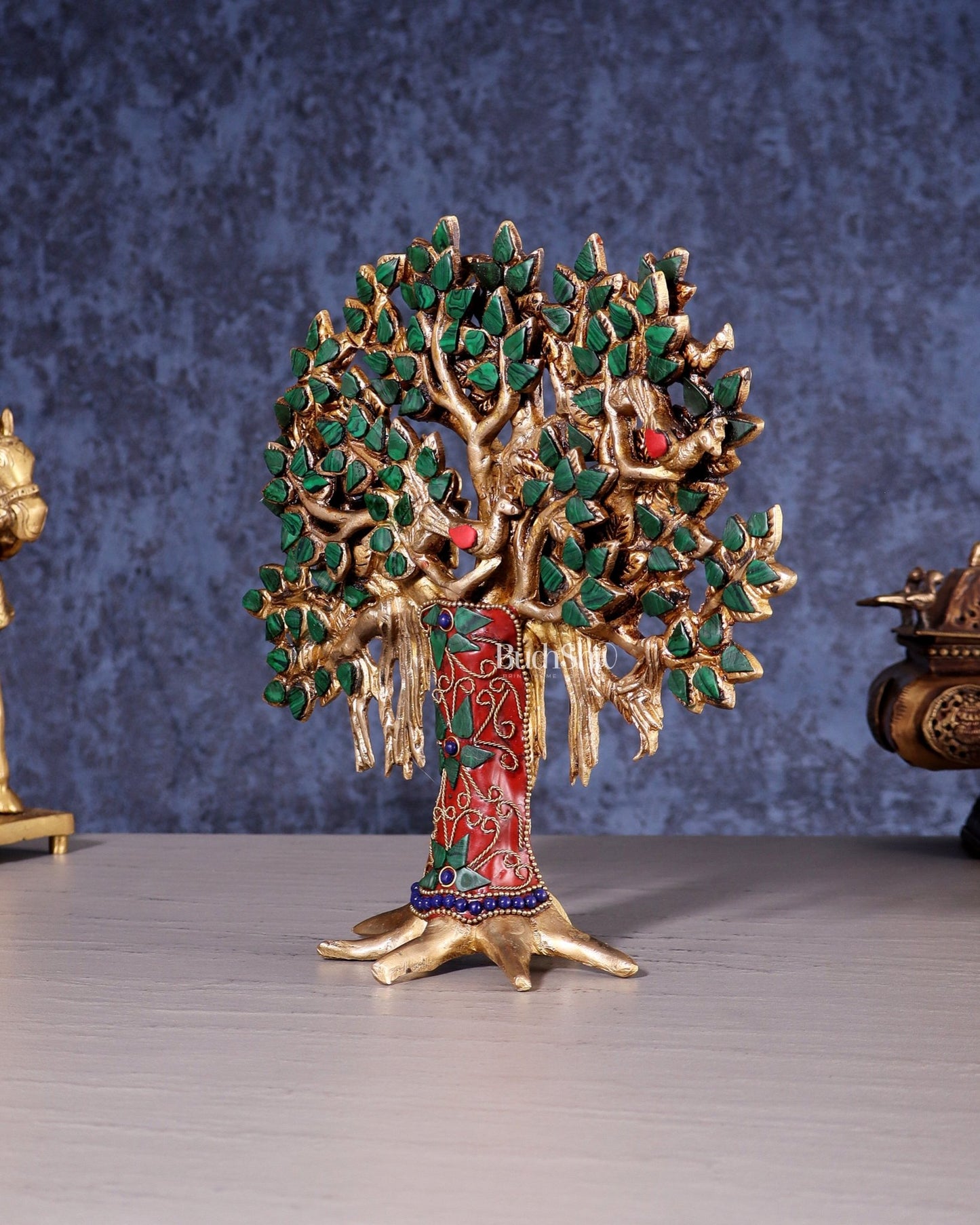 Pure Brass Handcrafted Kalpavriksha Tree - Table Standing 9" stonework - Budhshiv.com