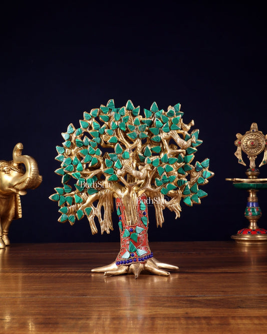 Pure Brass Handcrafted Kalpavriksha Tree - Table Standing 9" stonework - Budhshiv.com