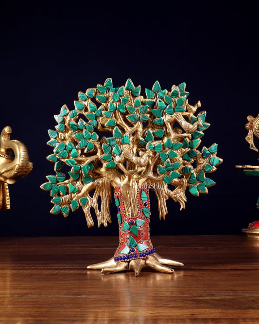 Pure Brass Handcrafted Kalpavriksha Tree - Table Standing 9" stonework - Budhshiv.com