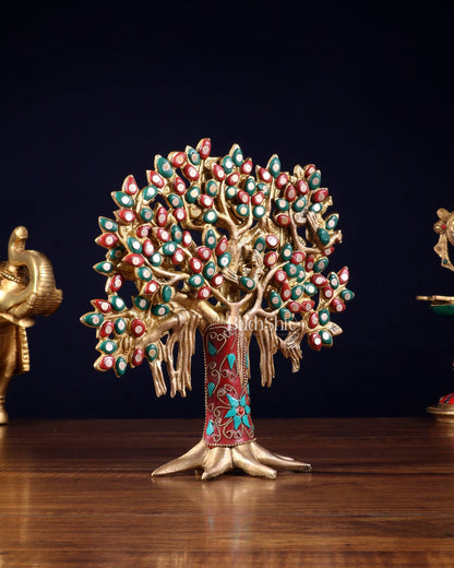 Pure Brass Handcrafted Kalpavriksha Tree - Table Standing 9" stonework - Budhshiv.com