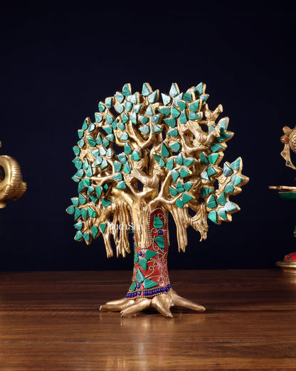 Pure Brass Handcrafted Kalpavriksha Tree - Table Standing 9" stonework - Budhshiv.com