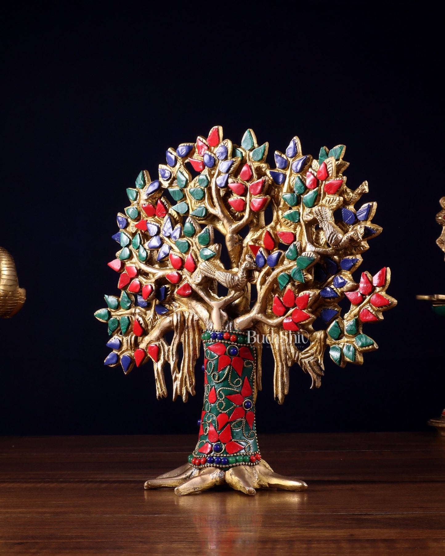 Pure Brass Handcrafted Kalpavriksha Tree - Table Standing 9" stonework - Budhshiv.com