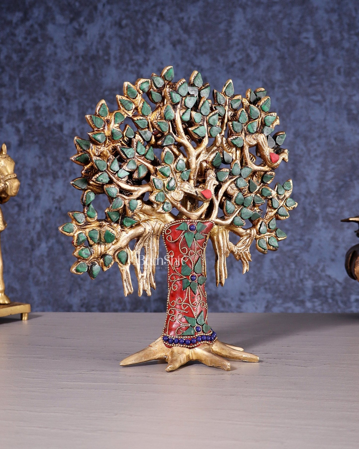 Pure Brass Handcrafted Kalpavriksha Tree - Table Standing 9" stonework - Budhshiv.com