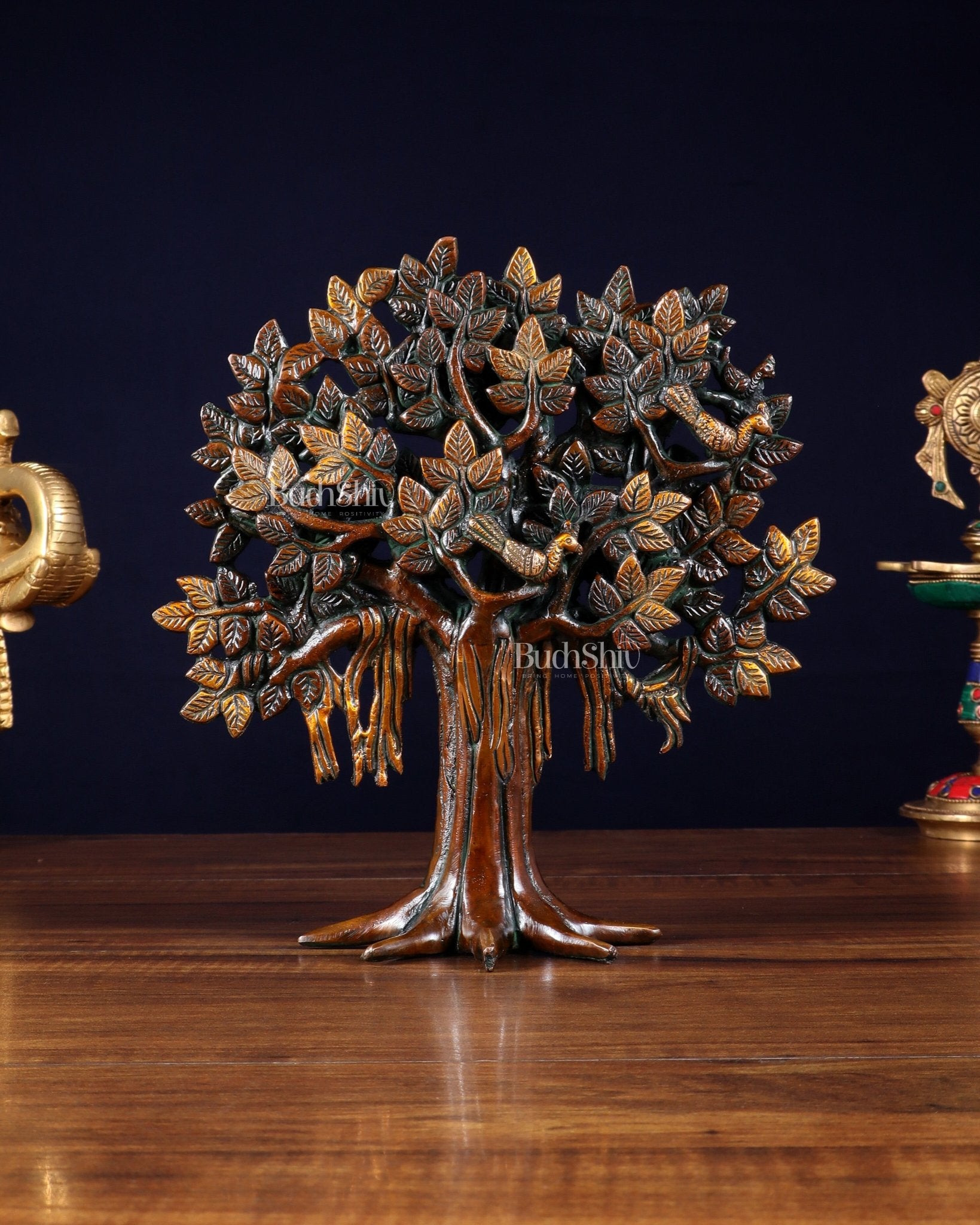 Pure Brass Handcrafted Kalpavriksha Tree - Table Standing 9" vintage tone - Budhshiv.com