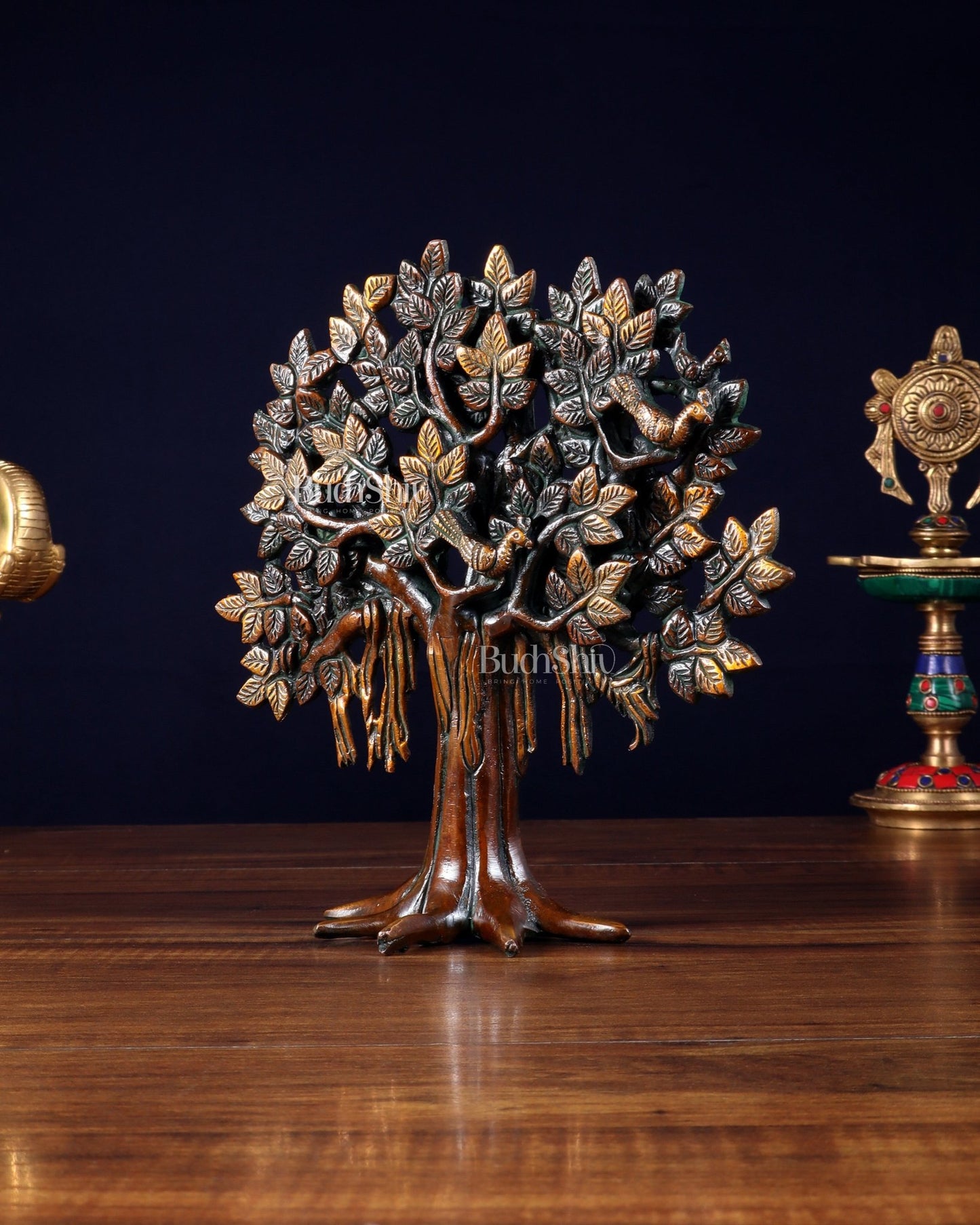 Pure Brass Handcrafted Kalpavriksha Tree - Table Standing 9" vintage tone - Budhshiv.com