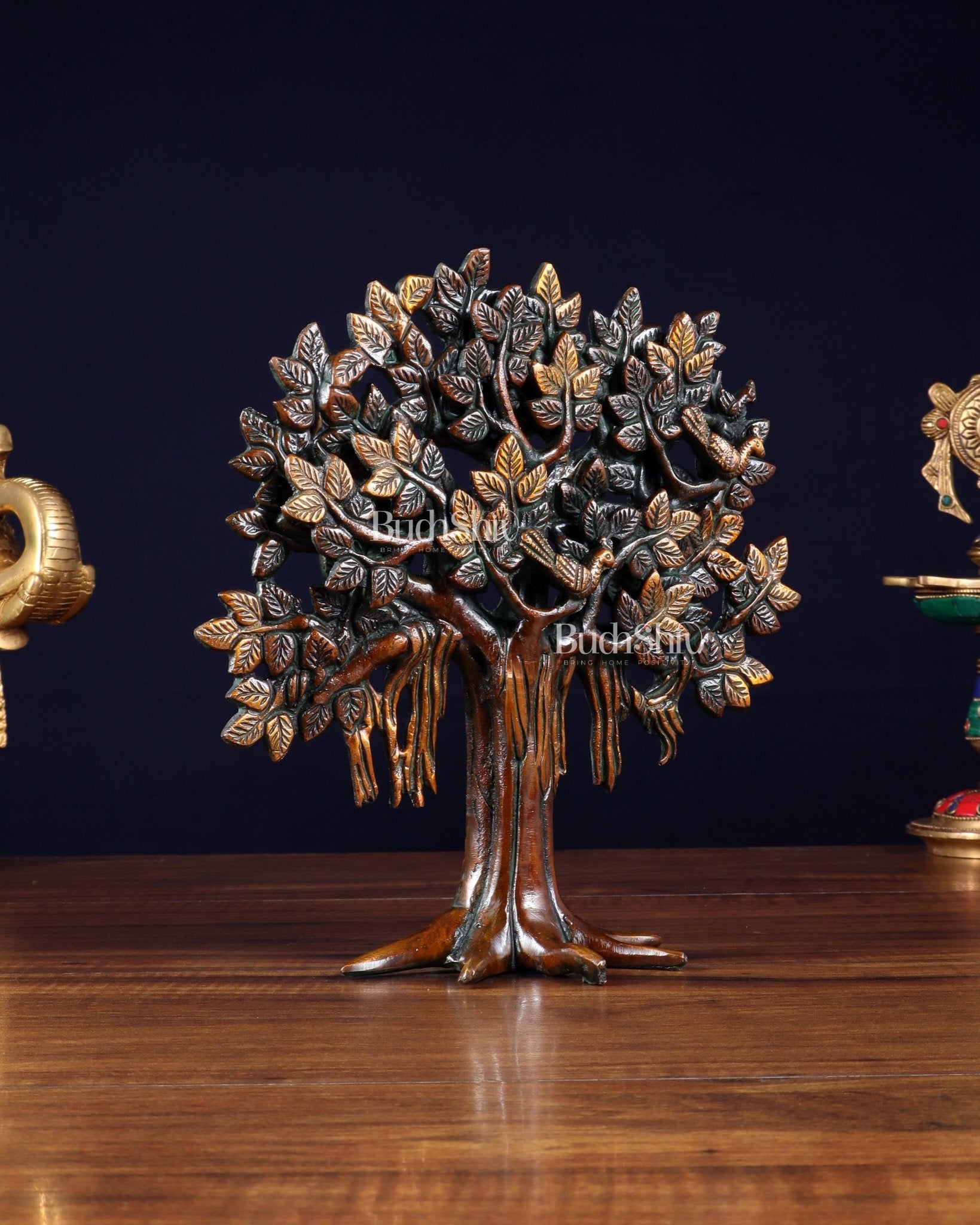Pure Brass Handcrafted Kalpavriksha Tree - Table Standing 9" vintage tone - Budhshiv.com