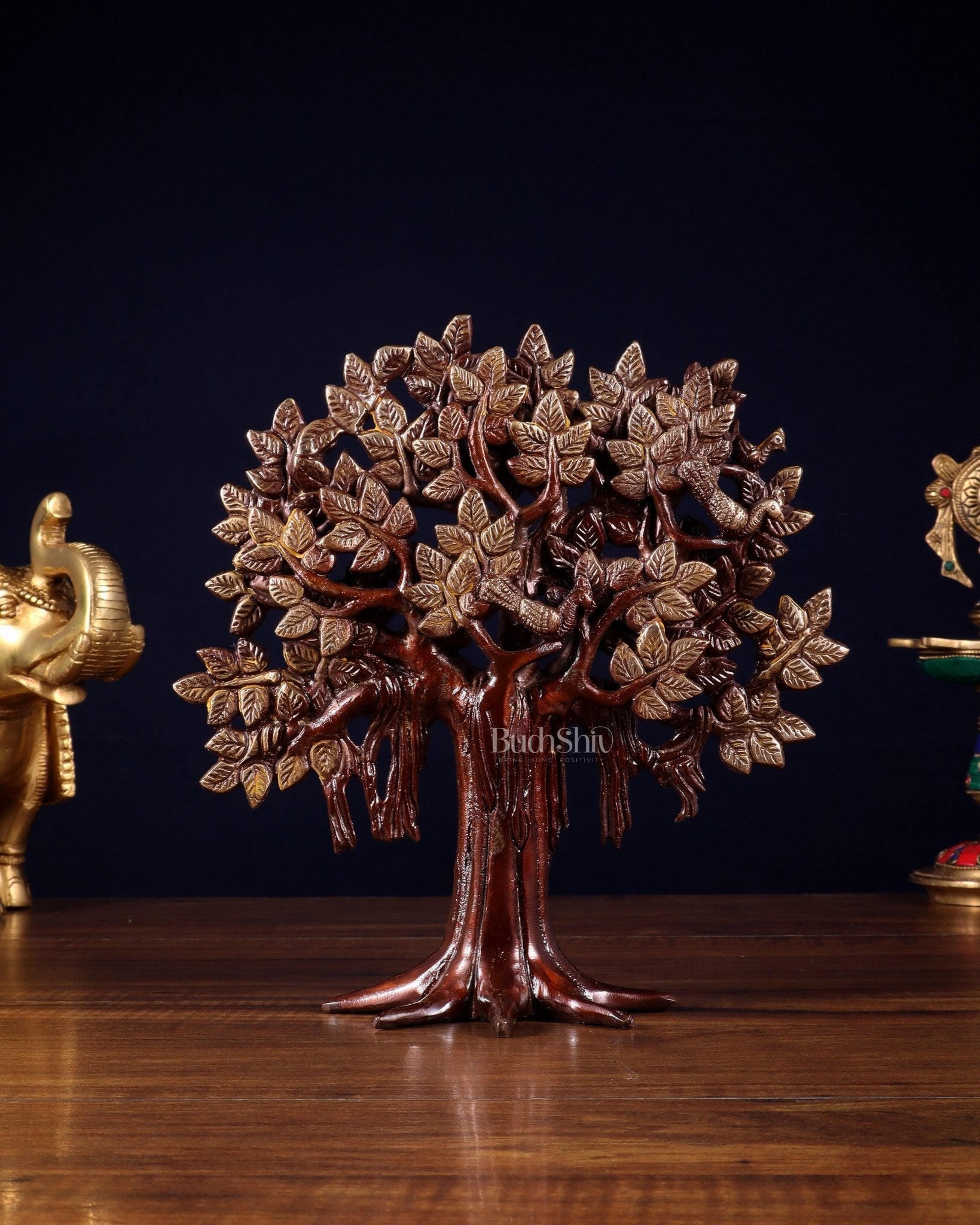 Pure Brass Handcrafted Kalpavriksha Tree - Table Standing 9" vintage tone - Budhshiv.com