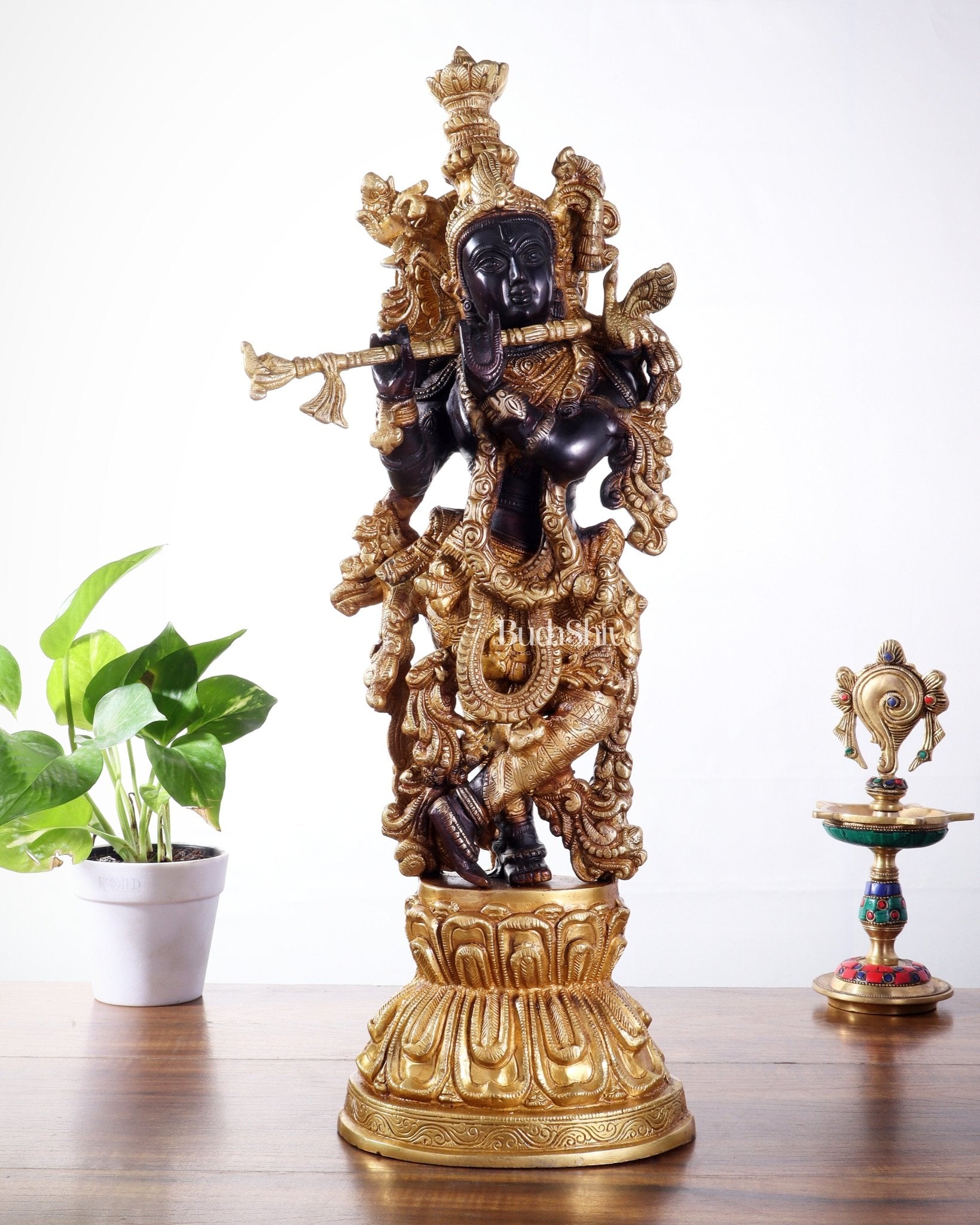 Pure Brass Handcrafted Krishna Statue – 21" black and gold finish - Budhshiv.com