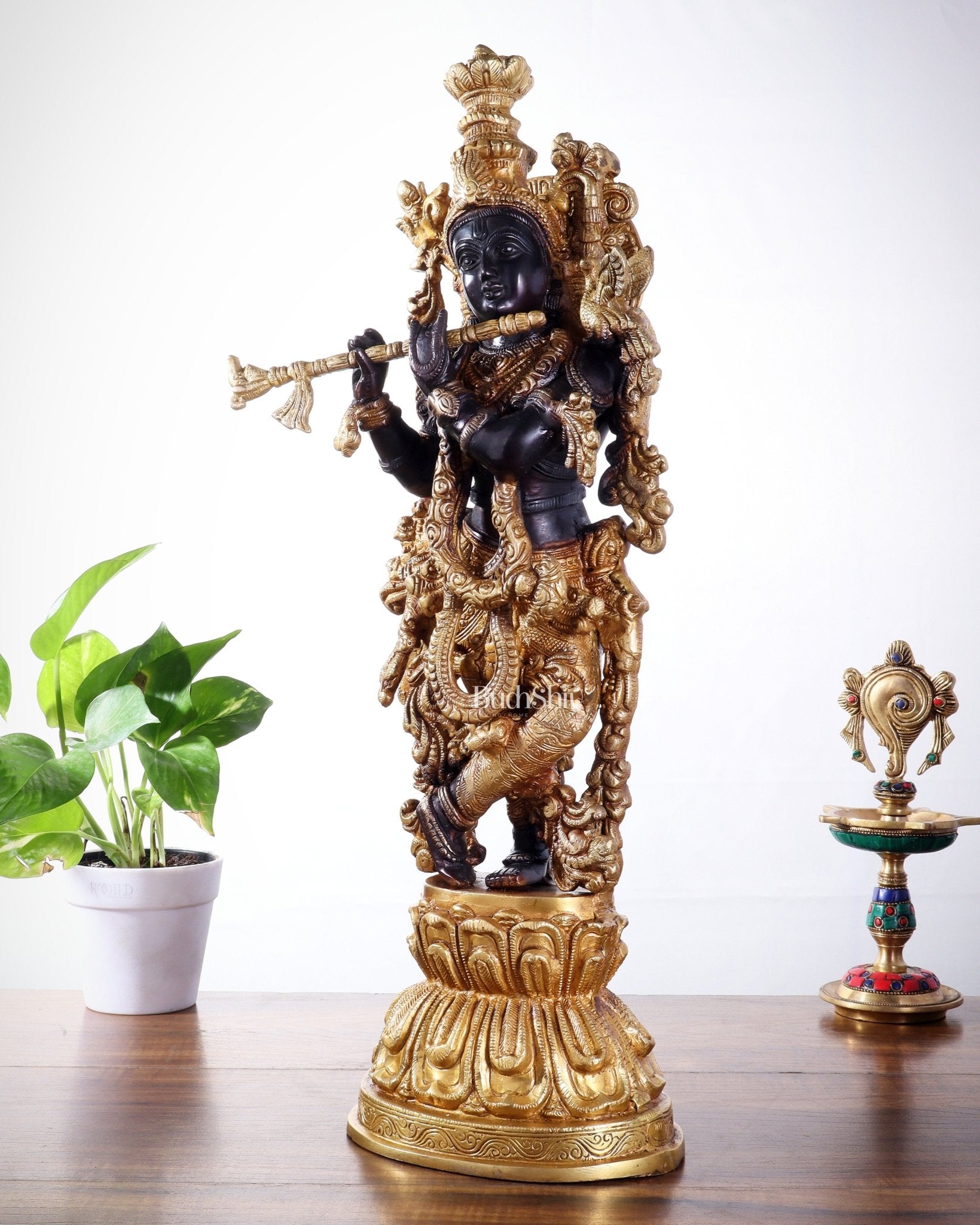 Pure Brass Handcrafted Krishna Statue – 21" black and gold finish - Budhshiv.com