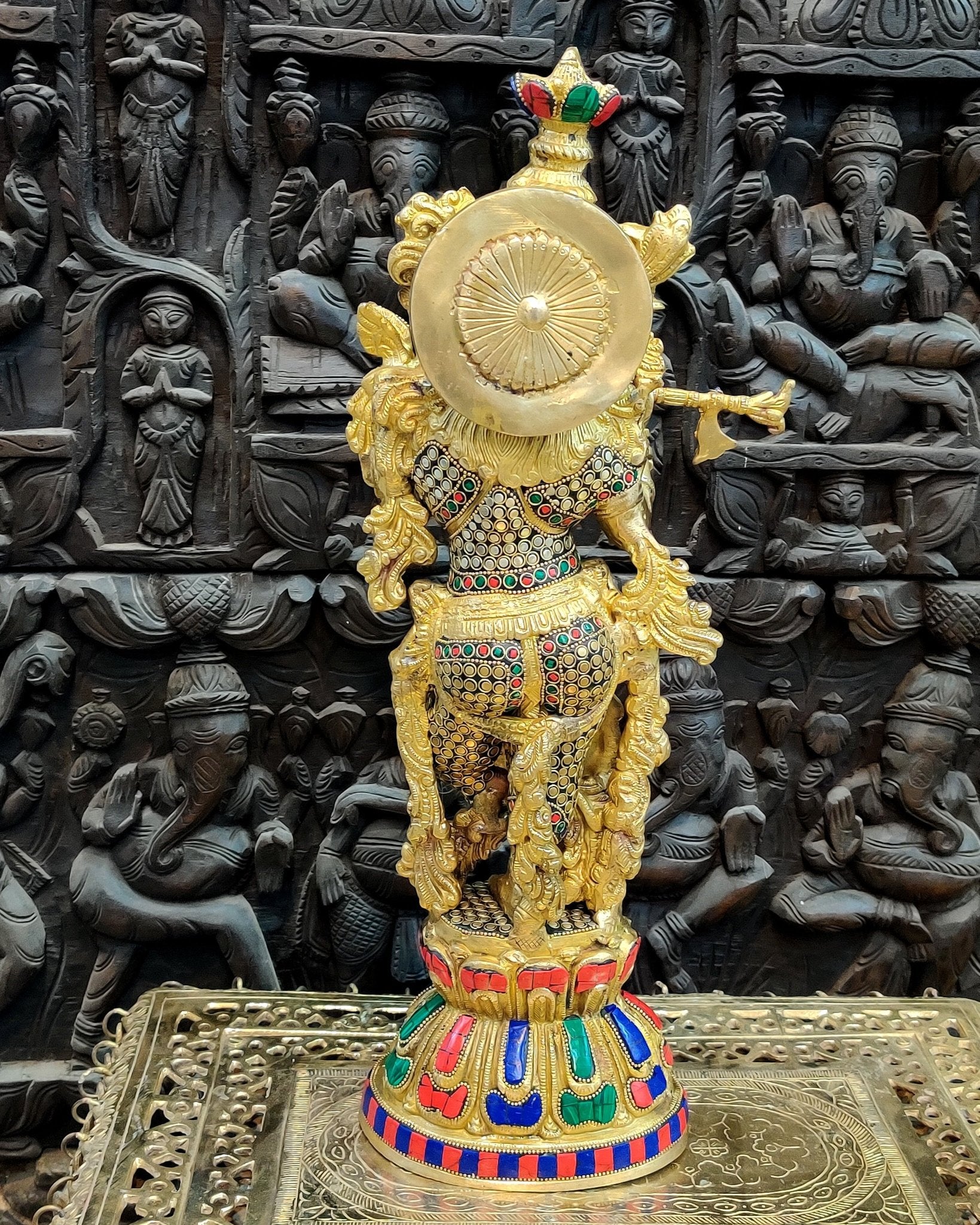 Pure Brass Handcrafted Krishna Statue - 21" with Intricate Stonework - Budhshiv.com