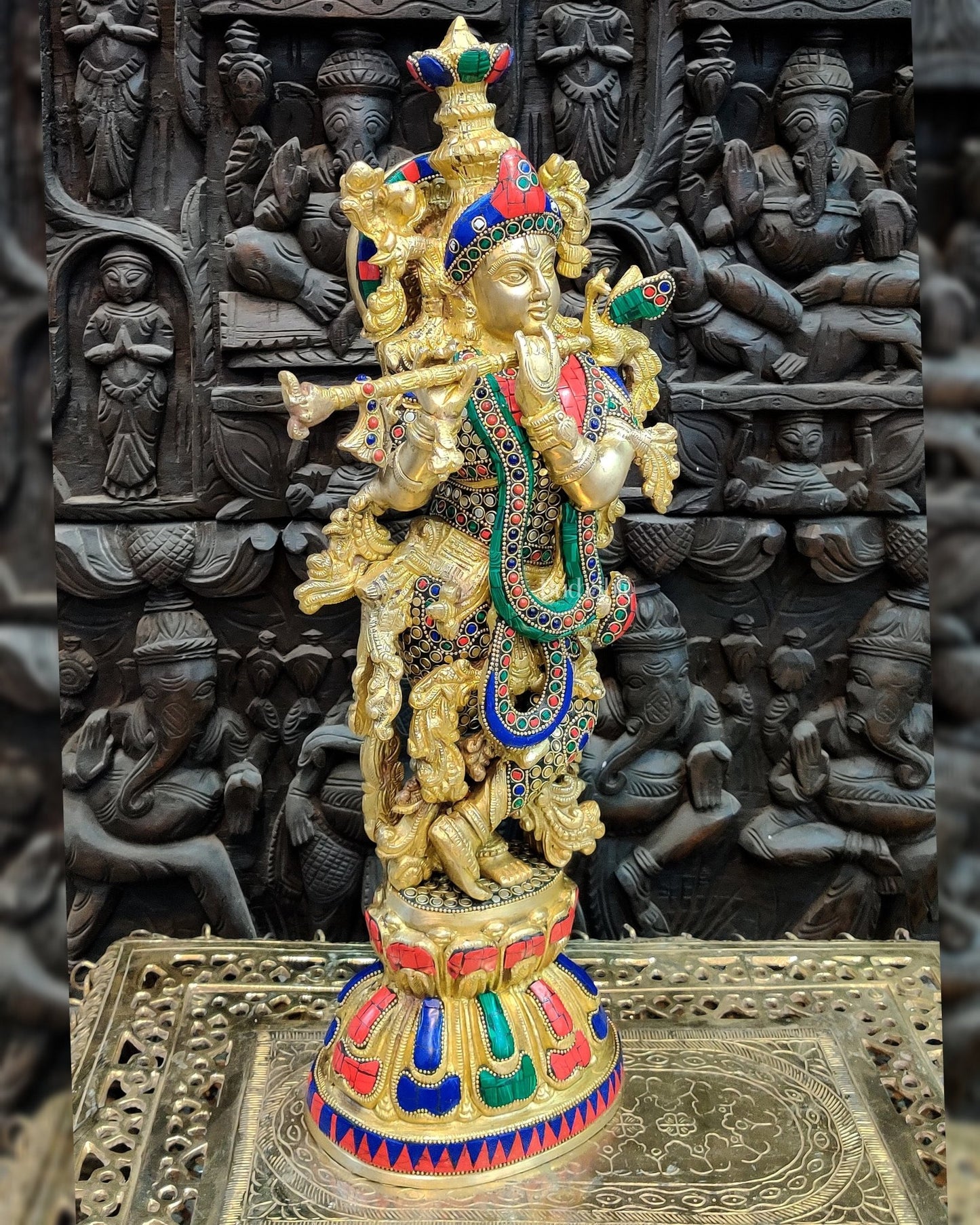 Pure Brass Handcrafted Krishna Statue - 21" with Intricate Stonework - Budhshiv.com