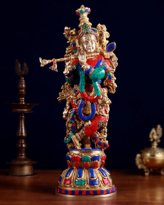 Pure Brass Handcrafted Krishna Statue with Stonework, 21" Height - Budhshiv.com