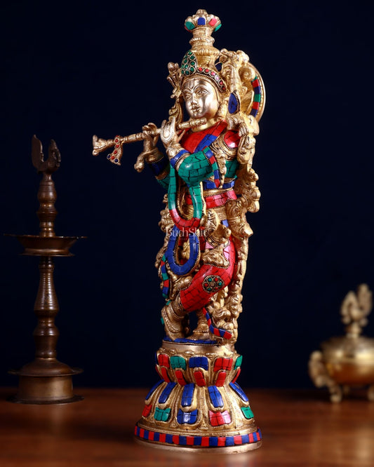 Pure Brass Handcrafted Krishna Statue with Stonework, 21" Height - Budhshiv.com