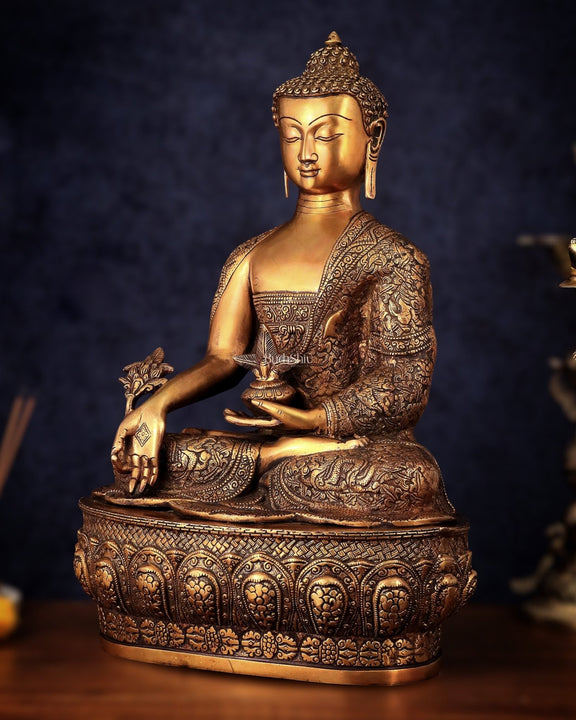 Pure Brass Handcrafted Medicine Buddha Statue with Dragon Carvings 22" - Budhshiv.com