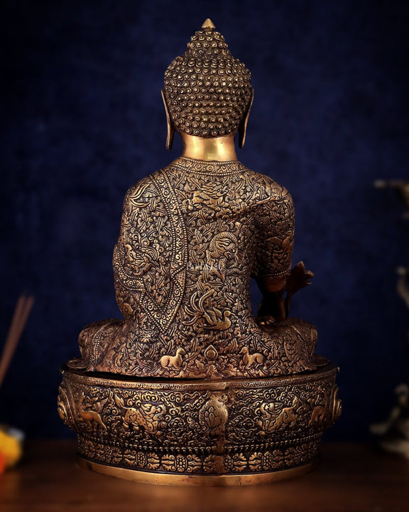 Pure Brass Handcrafted Medicine Buddha Statue with Dragon Carvings 22" - Budhshiv.com