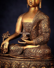 Pure Brass Handcrafted Medicine Buddha Statue with Dragon Carvings 22" - Budhshiv.com