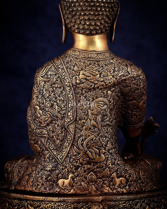 Pure Brass Handcrafted Medicine Buddha Statue with Dragon Carvings 22" - Budhshiv.com