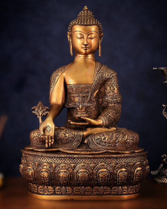 Pure Brass Handcrafted Medicine Buddha Statue with Dragon Carvings 22" - Budhshiv.com