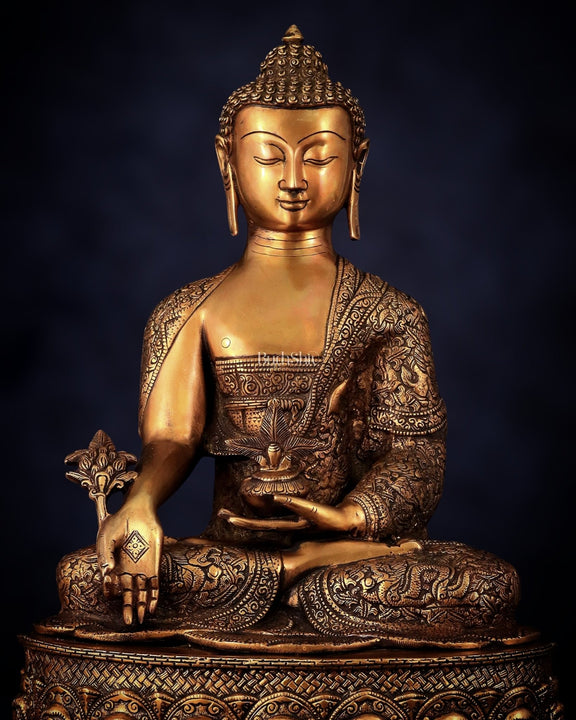 Pure Brass Handcrafted Medicine Buddha Statue with Dragon Carvings 22" - Budhshiv.com