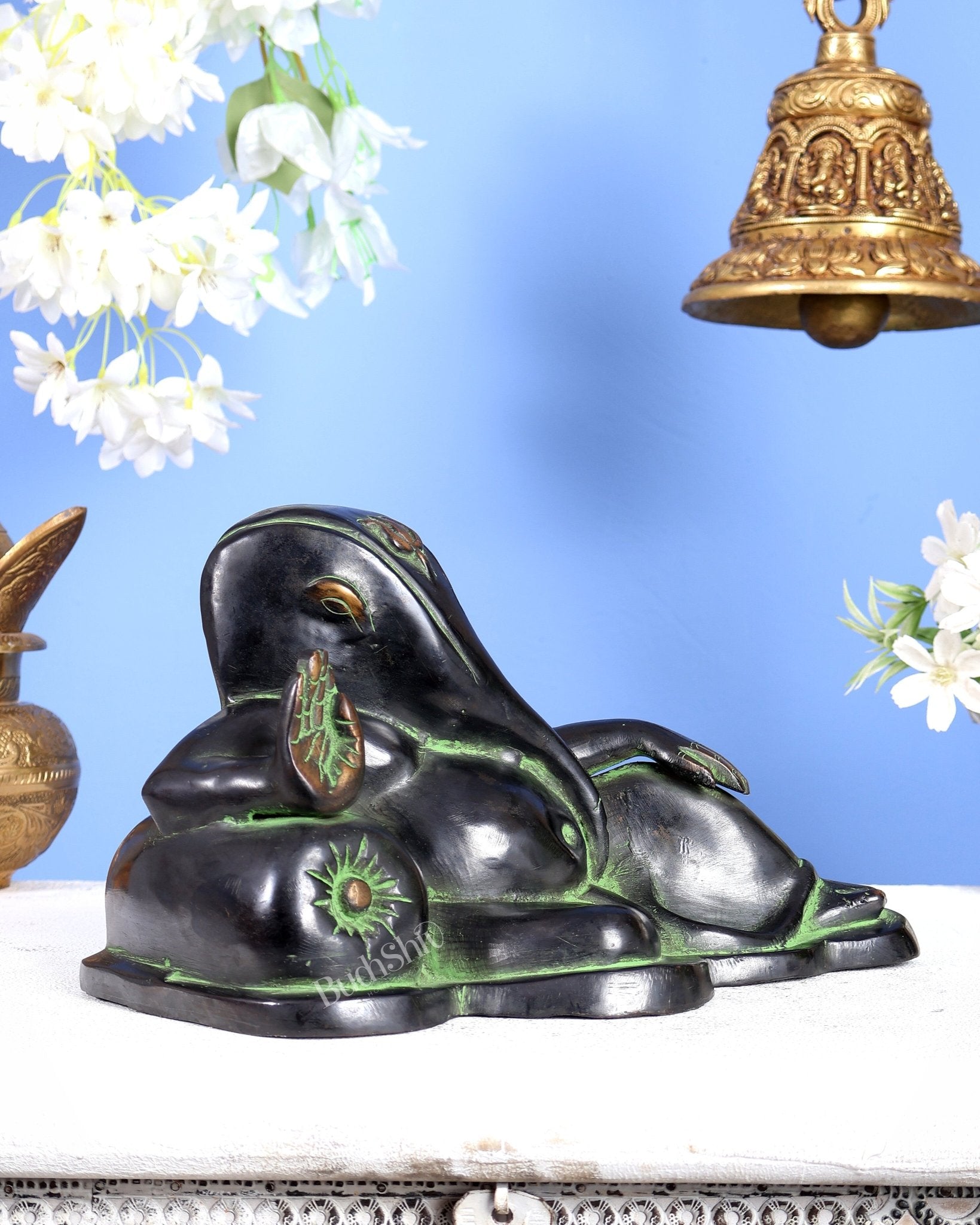 Pure Brass Handcrafted Modern Ganesha Statue in Resting Posture Vintage Black and Green Tone 11 inch - Budhshiv.com